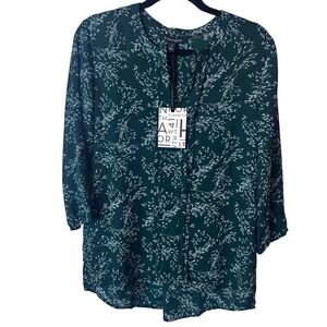 NEW 41 Hawthorne Green White Leaf Print Tunic Blouse Long Sleeve Tie Neck Medium